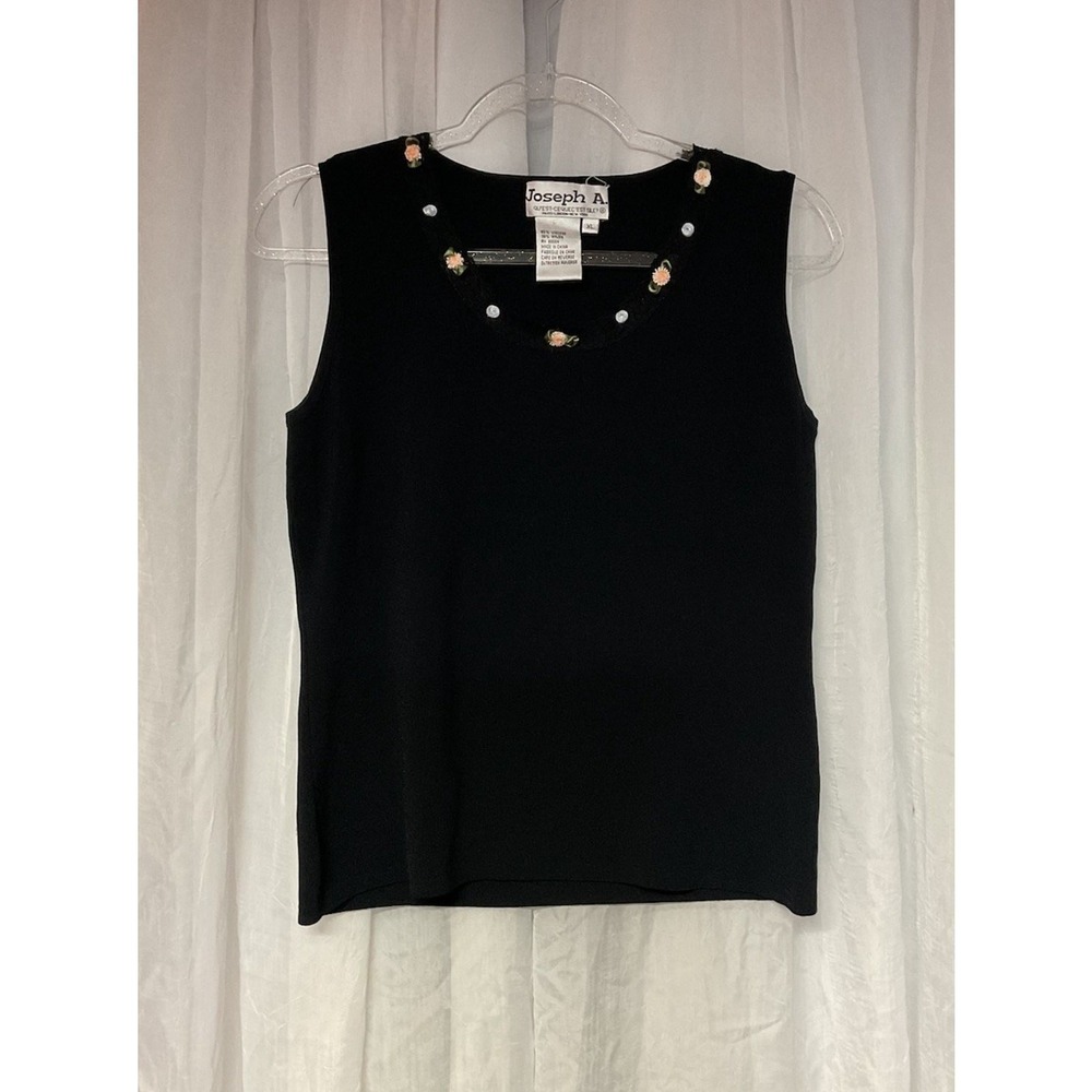 Joseph A Womens XL Black Knit Sleeveless Top Lace Floral Rosette Scoop Neck vtg